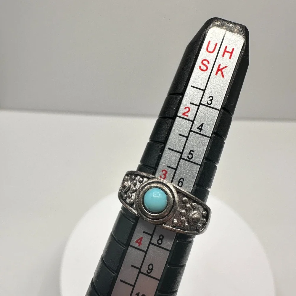 Vintage 90s Silver Tone Blue Glass‎ Cabochon Ring Boho Women's Classic Jewelry